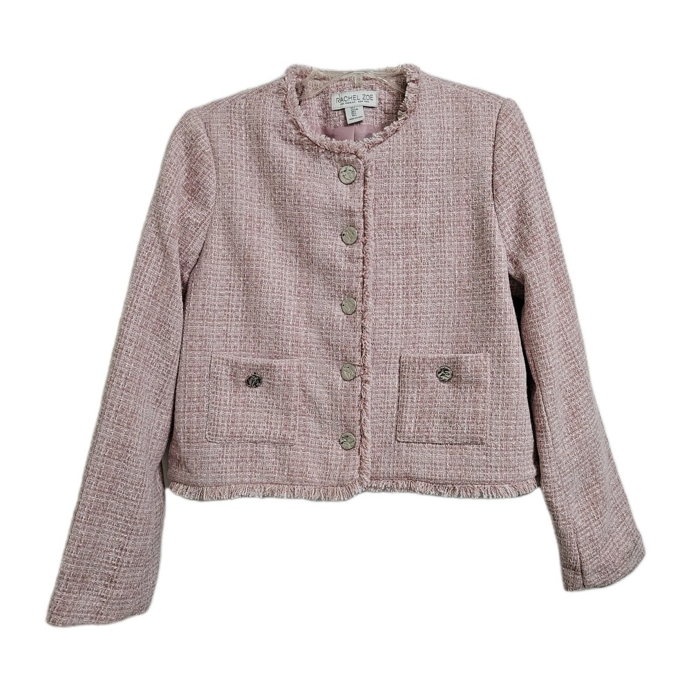Rachel Zoe Jacket Womens L Pink Tweed Cropped Frayed Trim Button Up Blazer NWT